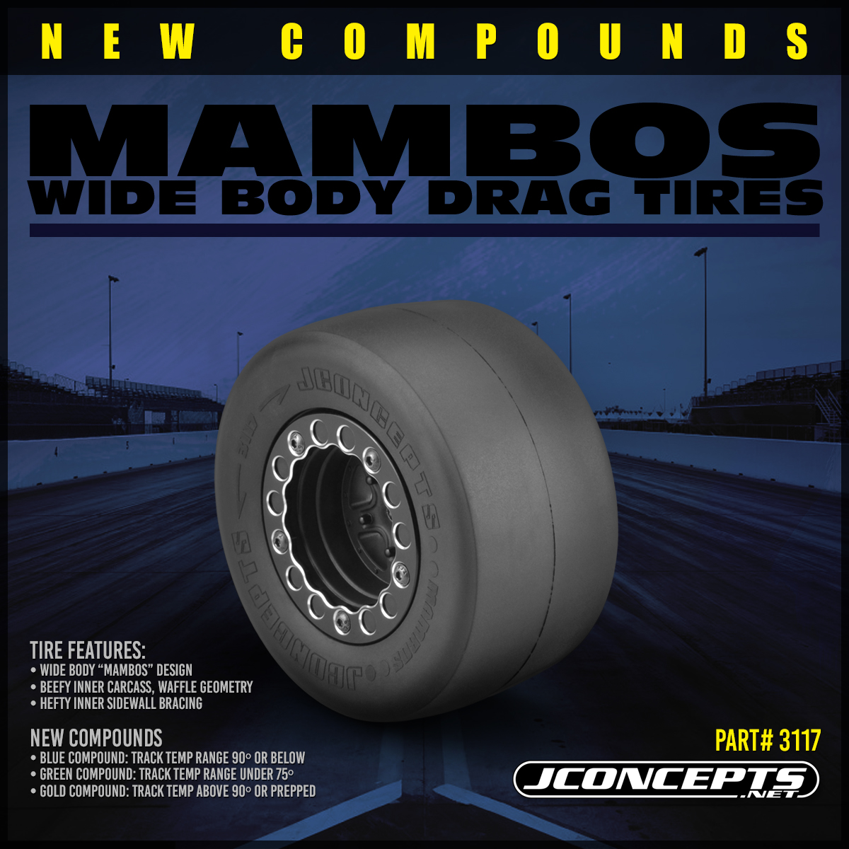 thumbnail image 2 of J Concepts Mambos Drag Racing Rear Tires - Gold Compound 2.2 X 3.0" RC Tires For Drag Racing | Wide-Body Design 2 of 14